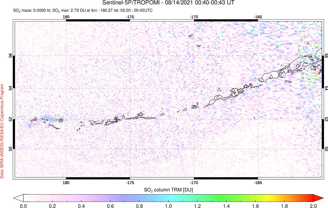 A sulfur dioxide image over Aleutian Islands, Alaska, USA on Aug 14, 2021.