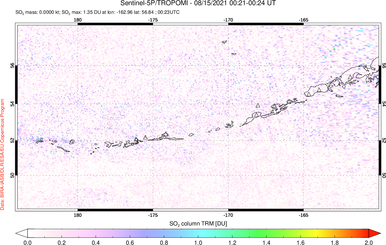 A sulfur dioxide image over Aleutian Islands, Alaska, USA on Aug 15, 2021.