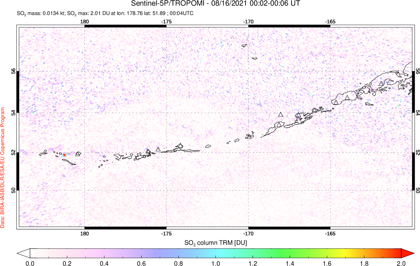 A sulfur dioxide image over Aleutian Islands, Alaska, USA on Aug 16, 2021.