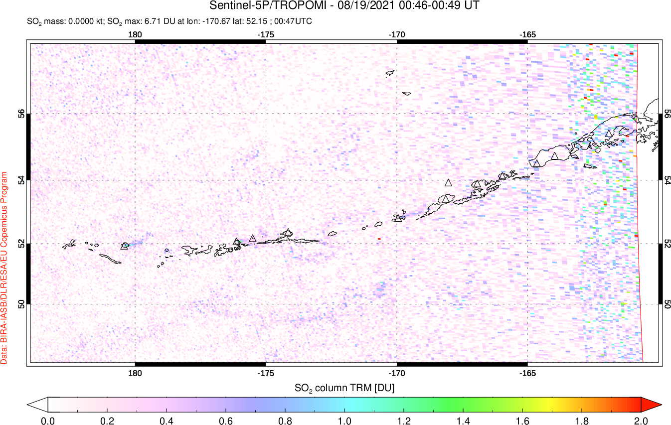 A sulfur dioxide image over Aleutian Islands, Alaska, USA on Aug 19, 2021.