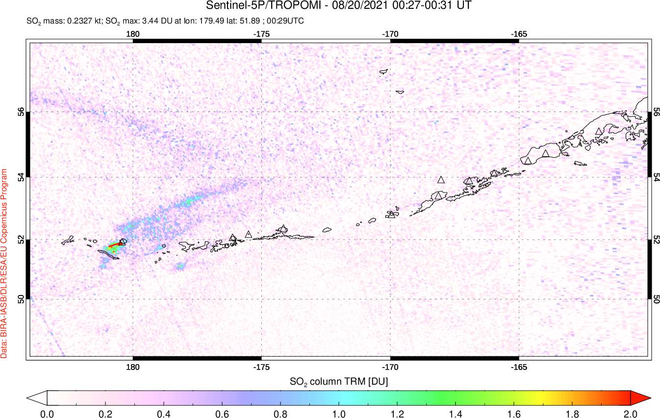 A sulfur dioxide image over Aleutian Islands, Alaska, USA on Aug 20, 2021.