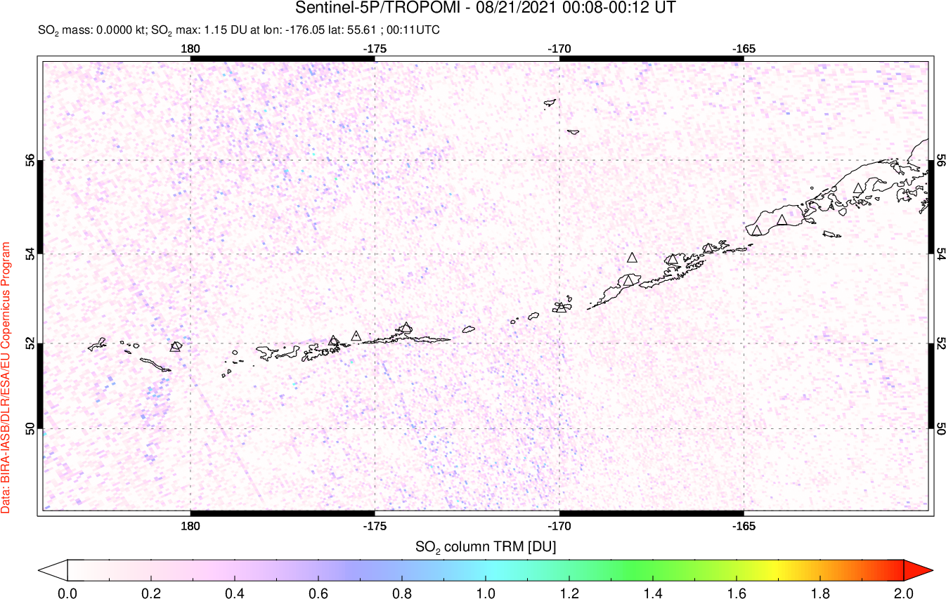 A sulfur dioxide image over Aleutian Islands, Alaska, USA on Aug 21, 2021.