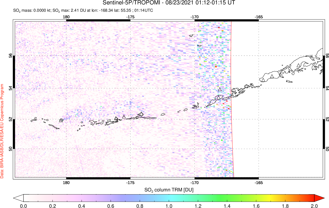 A sulfur dioxide image over Aleutian Islands, Alaska, USA on Aug 23, 2021.