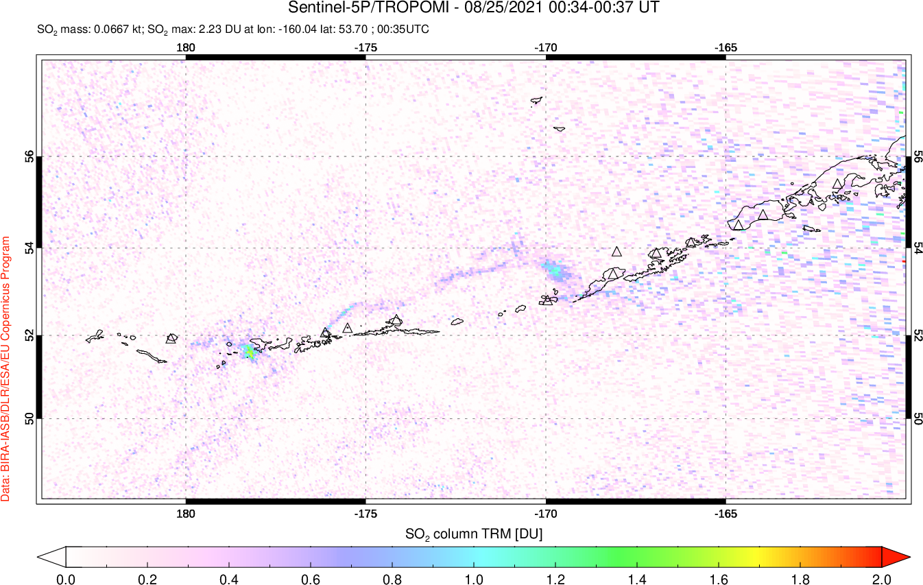 A sulfur dioxide image over Aleutian Islands, Alaska, USA on Aug 25, 2021.