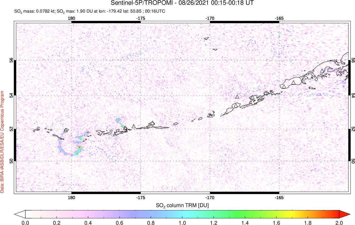 A sulfur dioxide image over Aleutian Islands, Alaska, USA on Aug 26, 2021.