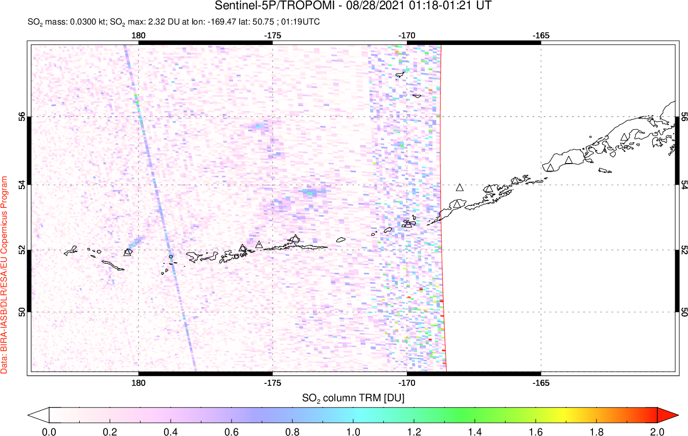 A sulfur dioxide image over Aleutian Islands, Alaska, USA on Aug 28, 2021.