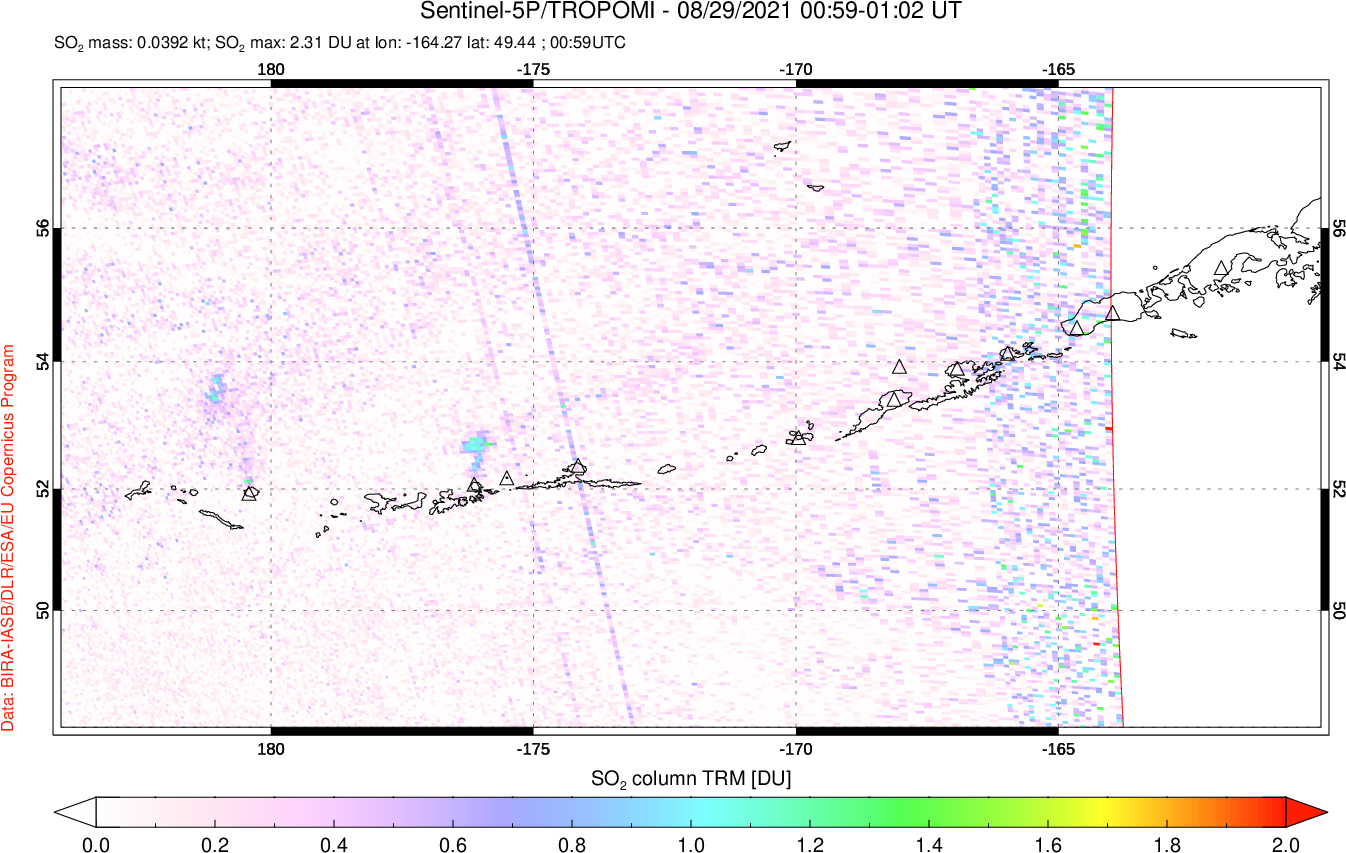 A sulfur dioxide image over Aleutian Islands, Alaska, USA on Aug 29, 2021.