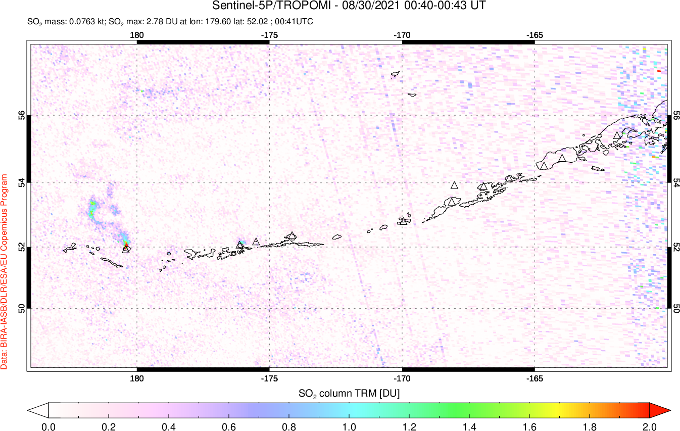 A sulfur dioxide image over Aleutian Islands, Alaska, USA on Aug 30, 2021.