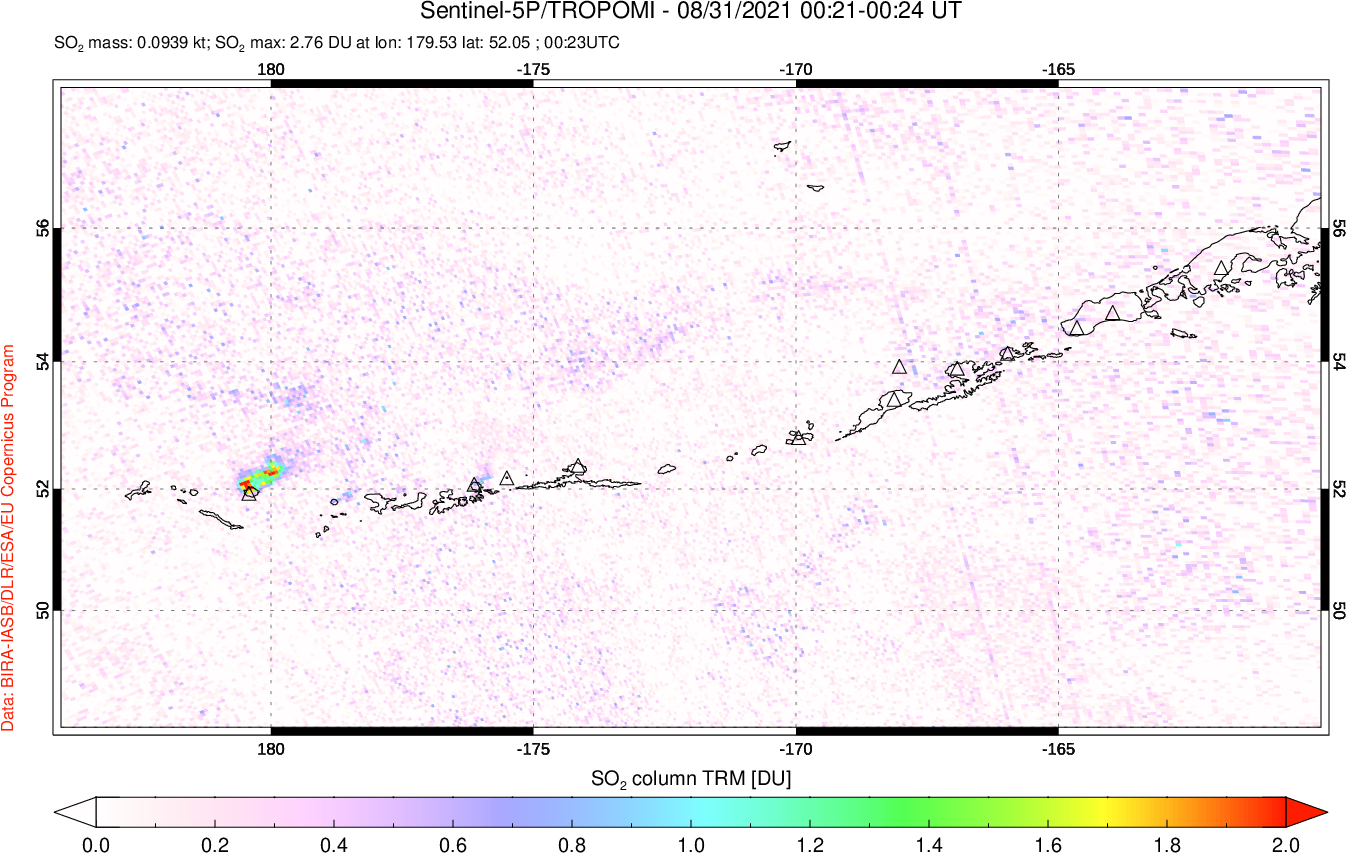 A sulfur dioxide image over Aleutian Islands, Alaska, USA on Aug 31, 2021.