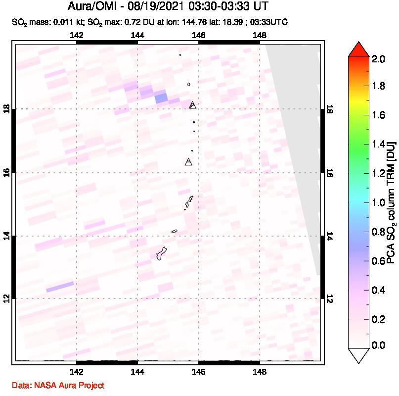 A sulfur dioxide image over Anatahan, Mariana Islands on Aug 19, 2021.