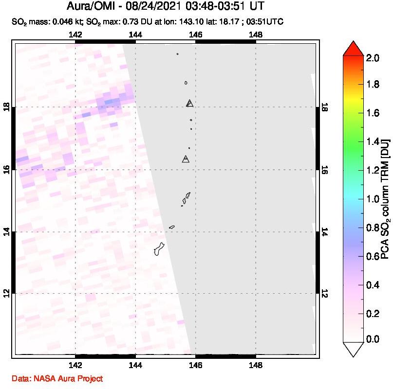 A sulfur dioxide image over Anatahan, Mariana Islands on Aug 24, 2021.