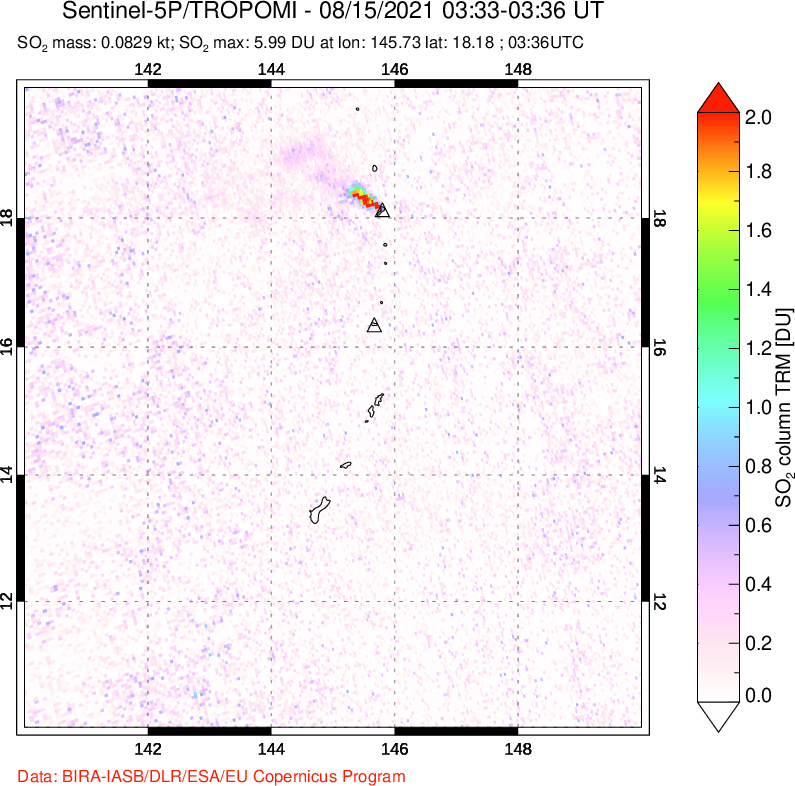 A sulfur dioxide image over Anatahan, Mariana Islands on Aug 15, 2021.