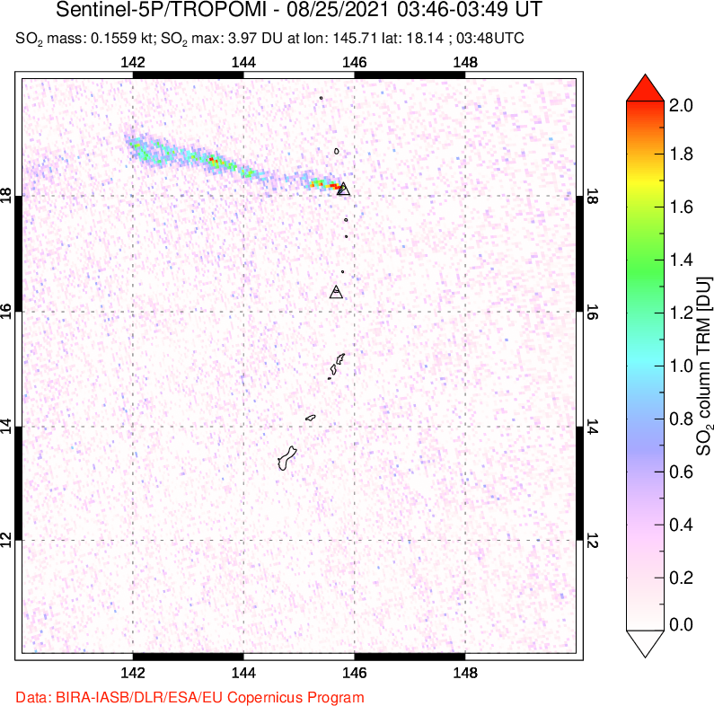 A sulfur dioxide image over Anatahan, Mariana Islands on Aug 25, 2021.
