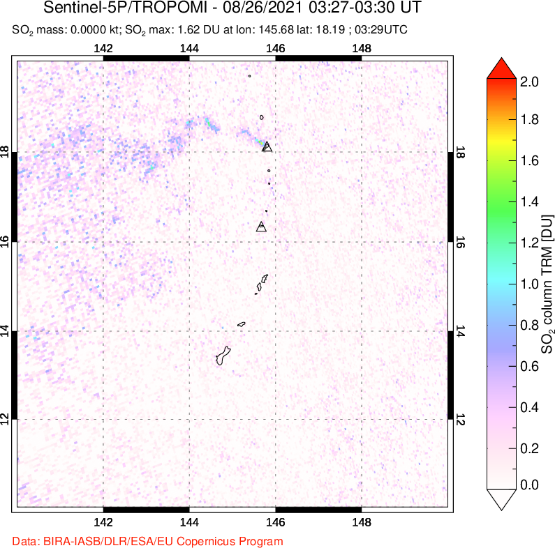 A sulfur dioxide image over Anatahan, Mariana Islands on Aug 26, 2021.