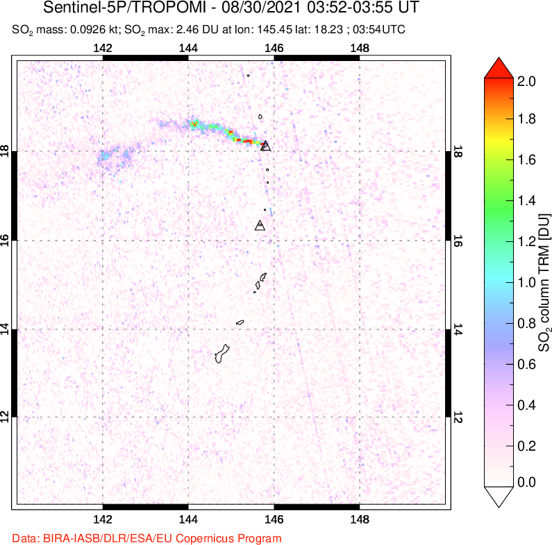 A sulfur dioxide image over Anatahan, Mariana Islands on Aug 30, 2021.
