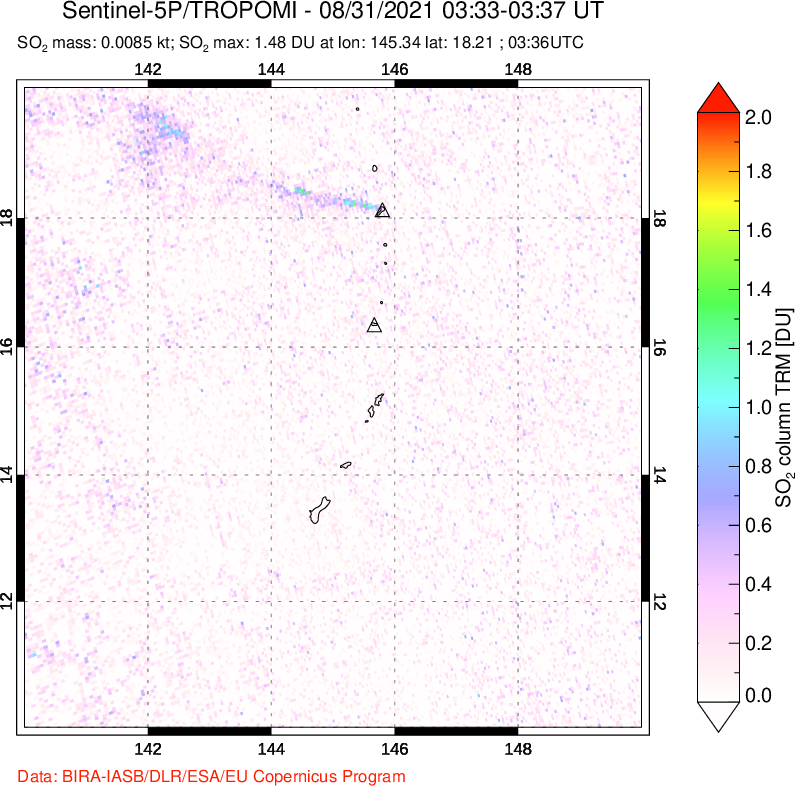 A sulfur dioxide image over Anatahan, Mariana Islands on Aug 31, 2021.