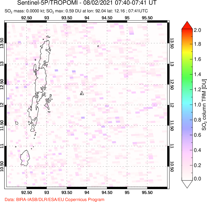 A sulfur dioxide image over Andaman Islands, Indian Ocean on Aug 02, 2021.