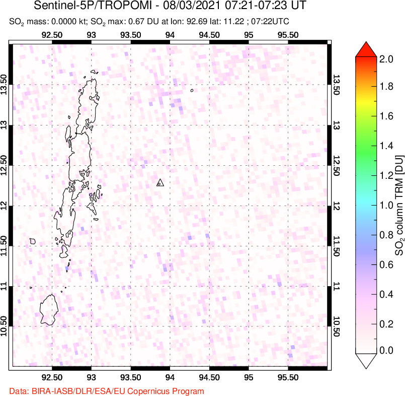 A sulfur dioxide image over Andaman Islands, Indian Ocean on Aug 03, 2021.