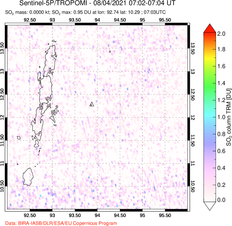 A sulfur dioxide image over Andaman Islands, Indian Ocean on Aug 04, 2021.