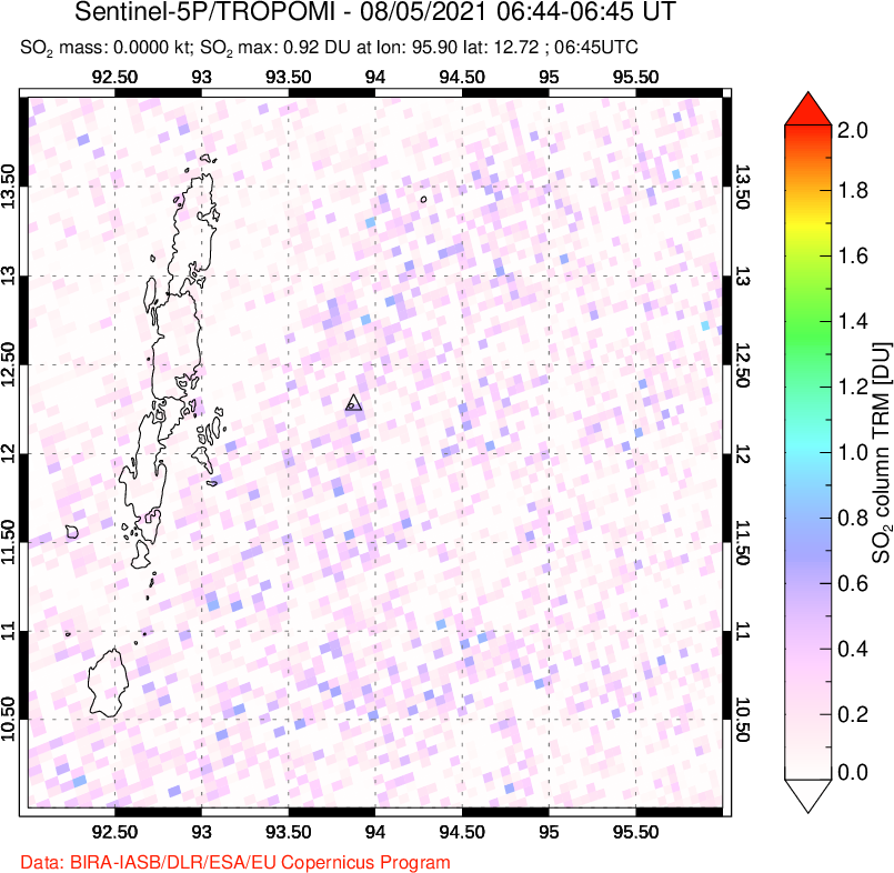 A sulfur dioxide image over Andaman Islands, Indian Ocean on Aug 05, 2021.