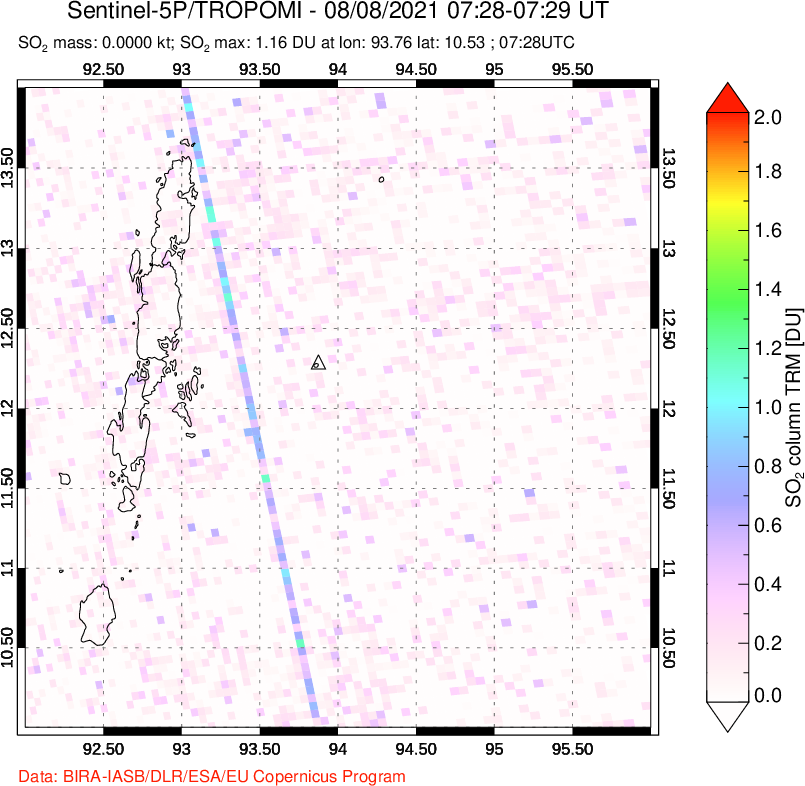 A sulfur dioxide image over Andaman Islands, Indian Ocean on Aug 08, 2021.