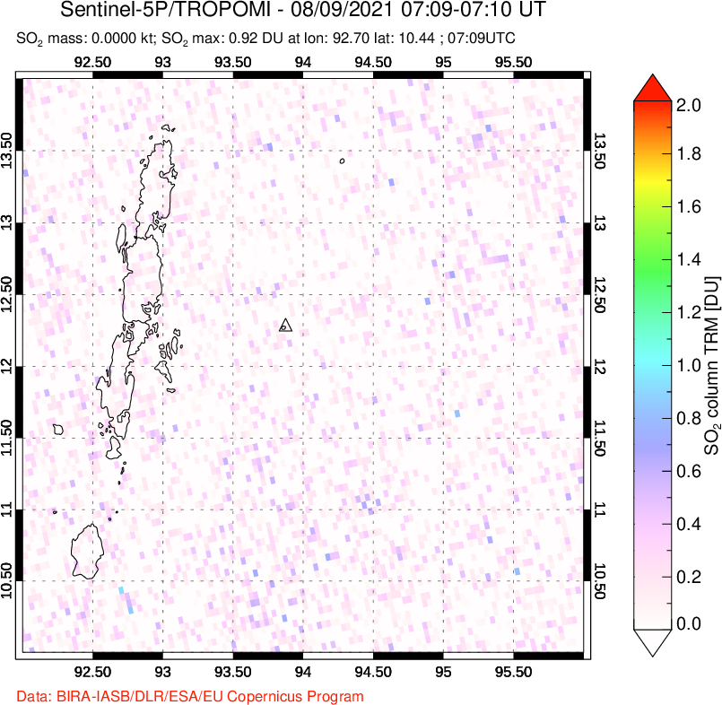 A sulfur dioxide image over Andaman Islands, Indian Ocean on Aug 09, 2021.