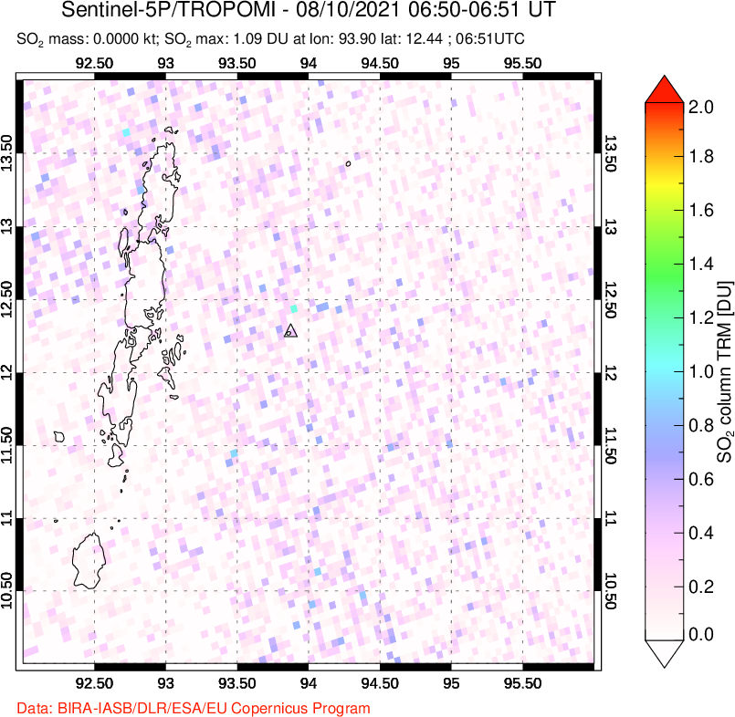 A sulfur dioxide image over Andaman Islands, Indian Ocean on Aug 10, 2021.