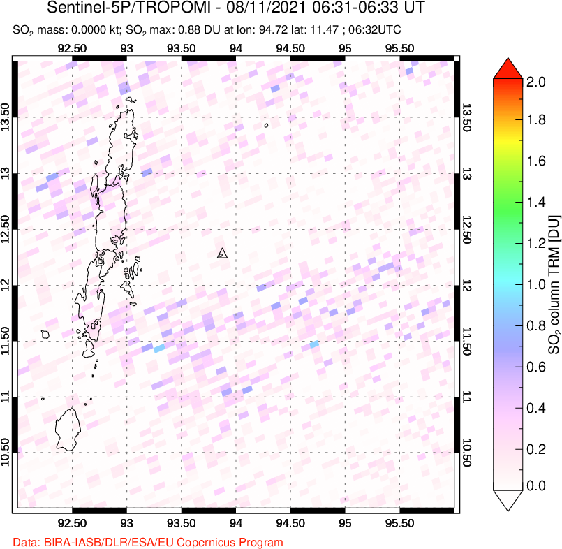 A sulfur dioxide image over Andaman Islands, Indian Ocean on Aug 11, 2021.