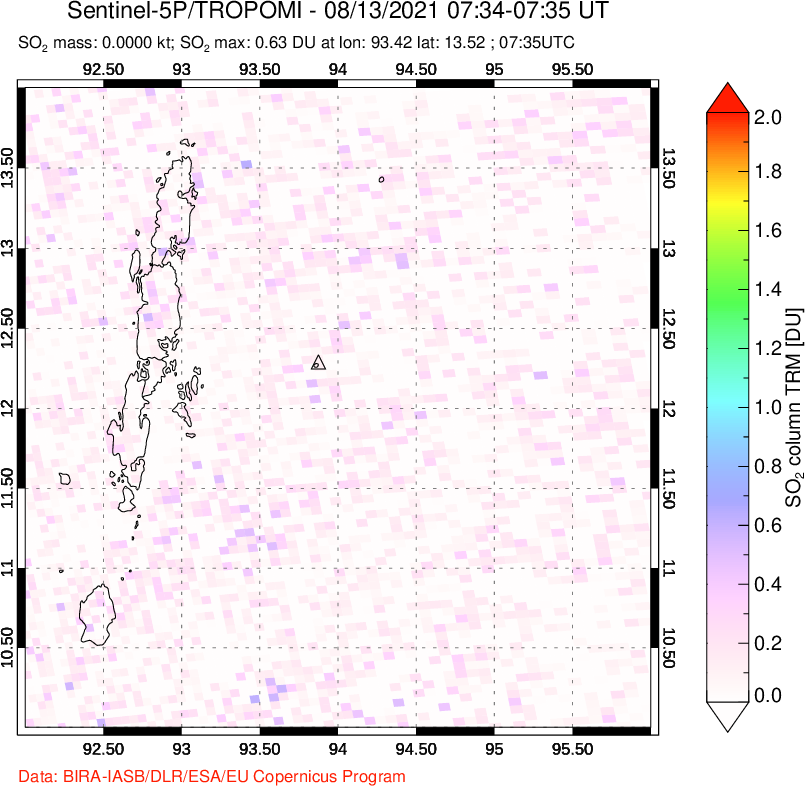 A sulfur dioxide image over Andaman Islands, Indian Ocean on Aug 13, 2021.