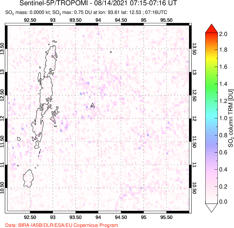 A sulfur dioxide image over Andaman Islands, Indian Ocean on Aug 14, 2021.