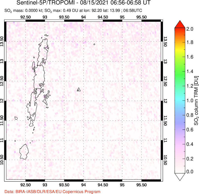 A sulfur dioxide image over Andaman Islands, Indian Ocean on Aug 15, 2021.