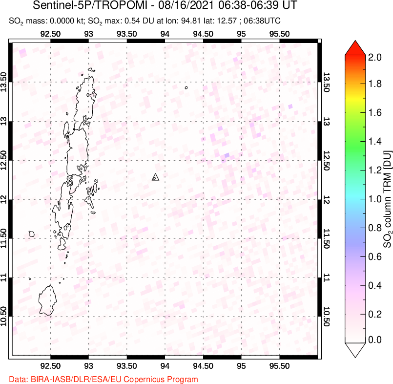 A sulfur dioxide image over Andaman Islands, Indian Ocean on Aug 16, 2021.