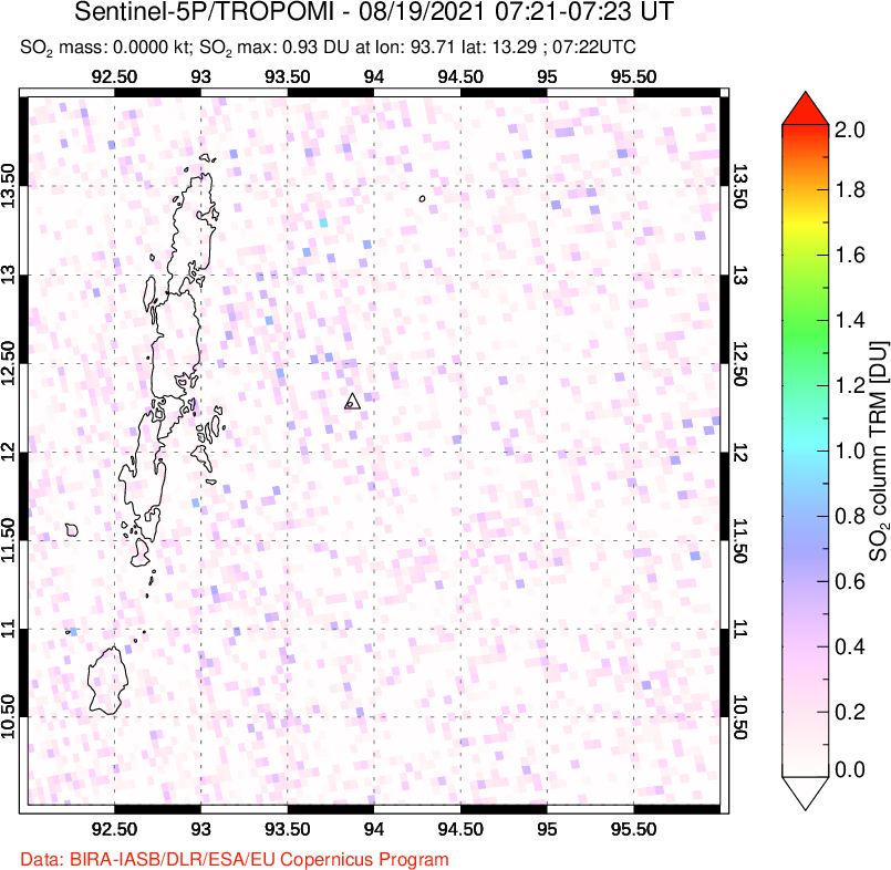 A sulfur dioxide image over Andaman Islands, Indian Ocean on Aug 19, 2021.