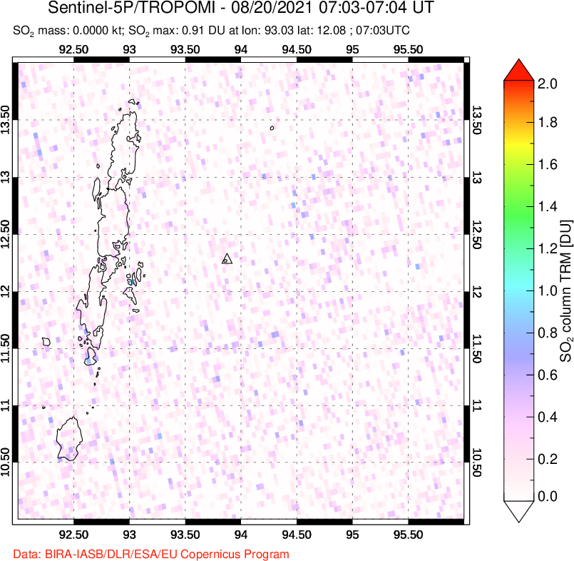 A sulfur dioxide image over Andaman Islands, Indian Ocean on Aug 20, 2021.