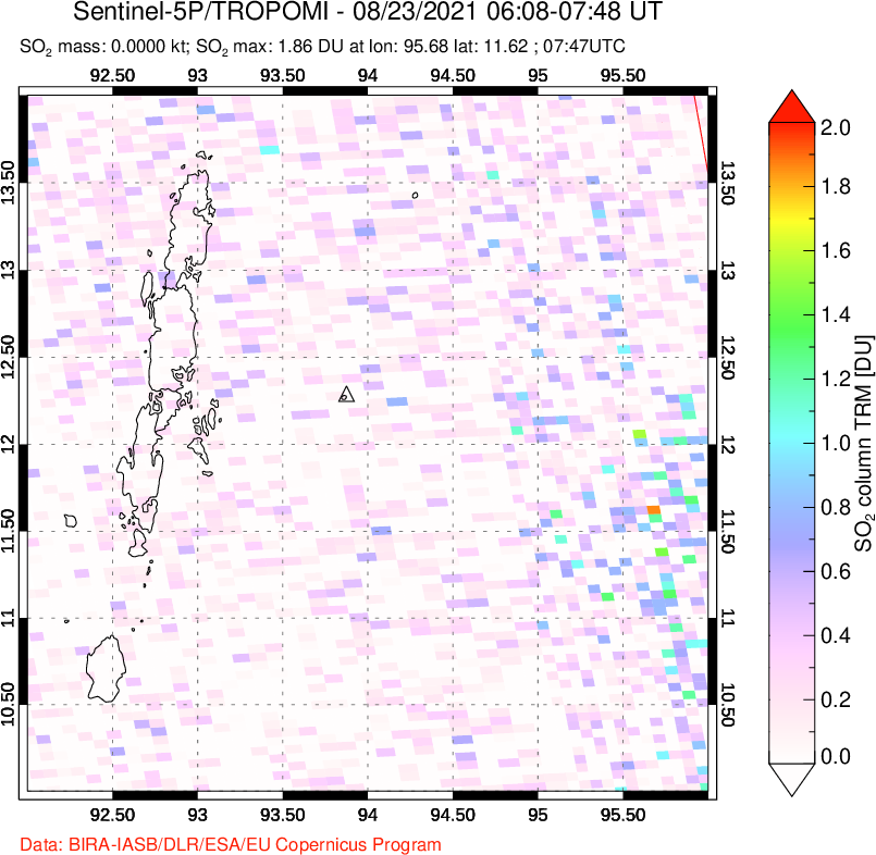 A sulfur dioxide image over Andaman Islands, Indian Ocean on Aug 23, 2021.