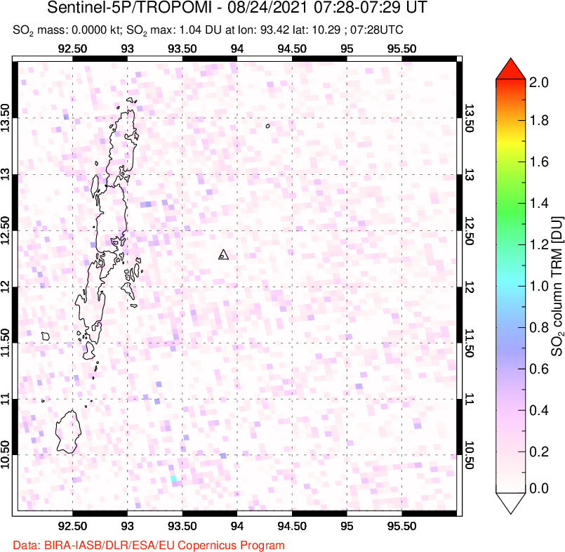 A sulfur dioxide image over Andaman Islands, Indian Ocean on Aug 24, 2021.