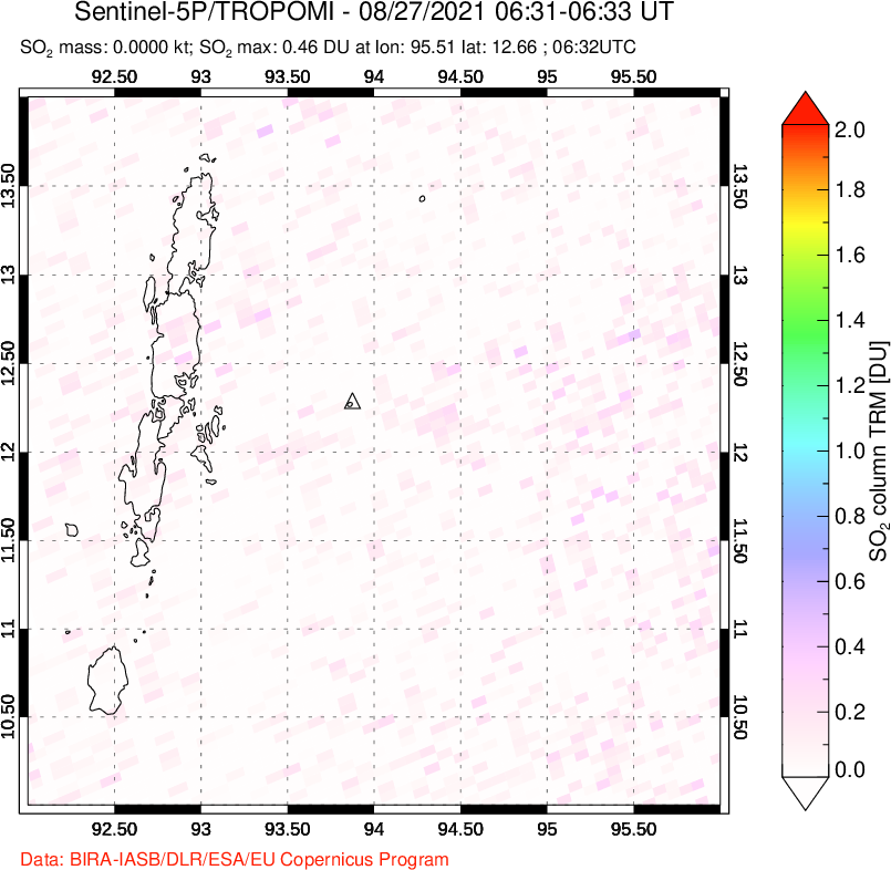 A sulfur dioxide image over Andaman Islands, Indian Ocean on Aug 27, 2021.