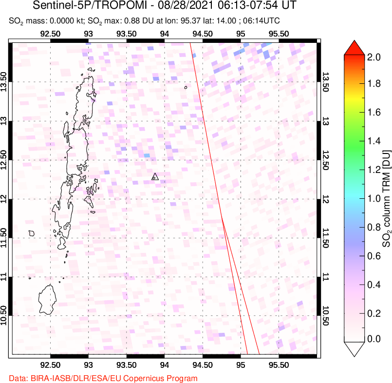 A sulfur dioxide image over Andaman Islands, Indian Ocean on Aug 28, 2021.