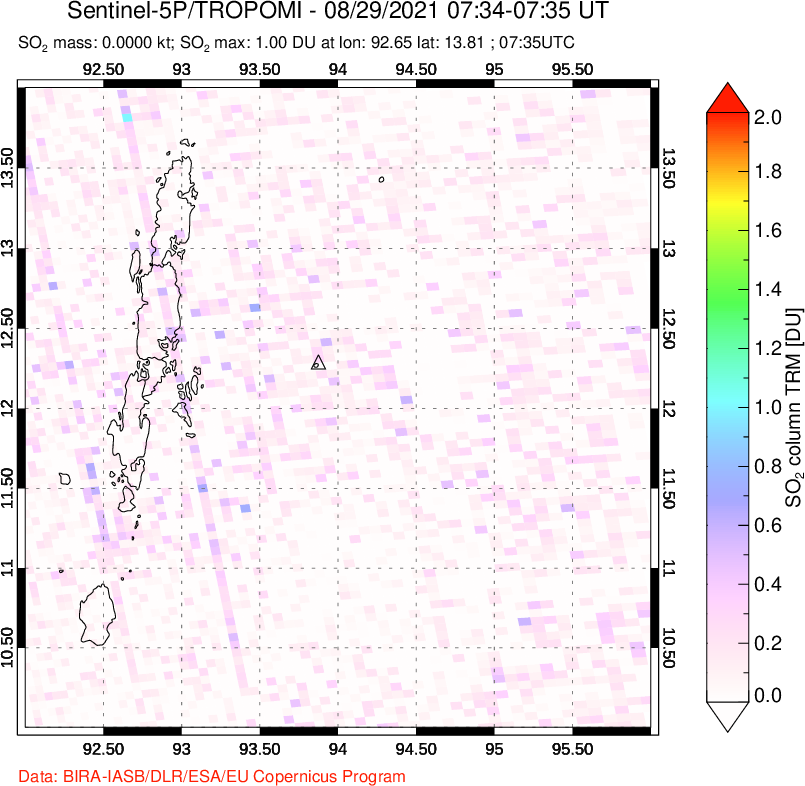 A sulfur dioxide image over Andaman Islands, Indian Ocean on Aug 29, 2021.