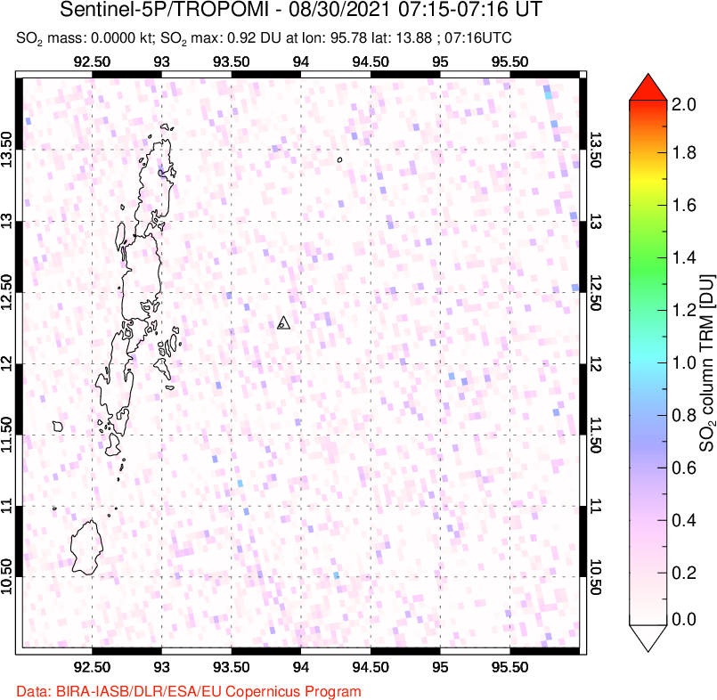 A sulfur dioxide image over Andaman Islands, Indian Ocean on Aug 30, 2021.