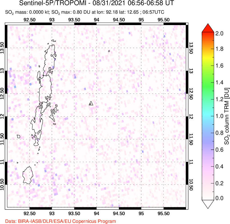 A sulfur dioxide image over Andaman Islands, Indian Ocean on Aug 31, 2021.