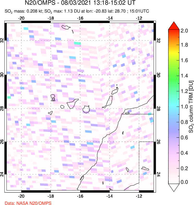 A sulfur dioxide image over Canary Islands on Aug 03, 2021.