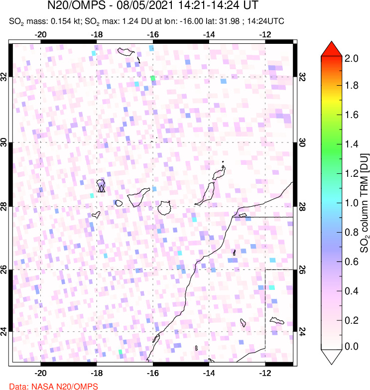 A sulfur dioxide image over Canary Islands on Aug 05, 2021.