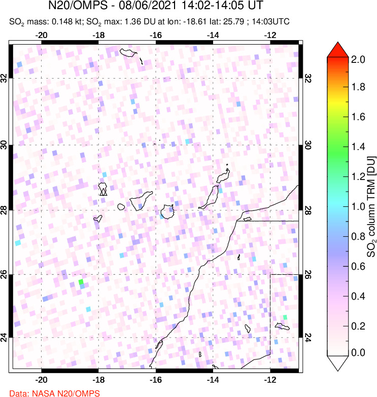 A sulfur dioxide image over Canary Islands on Aug 06, 2021.