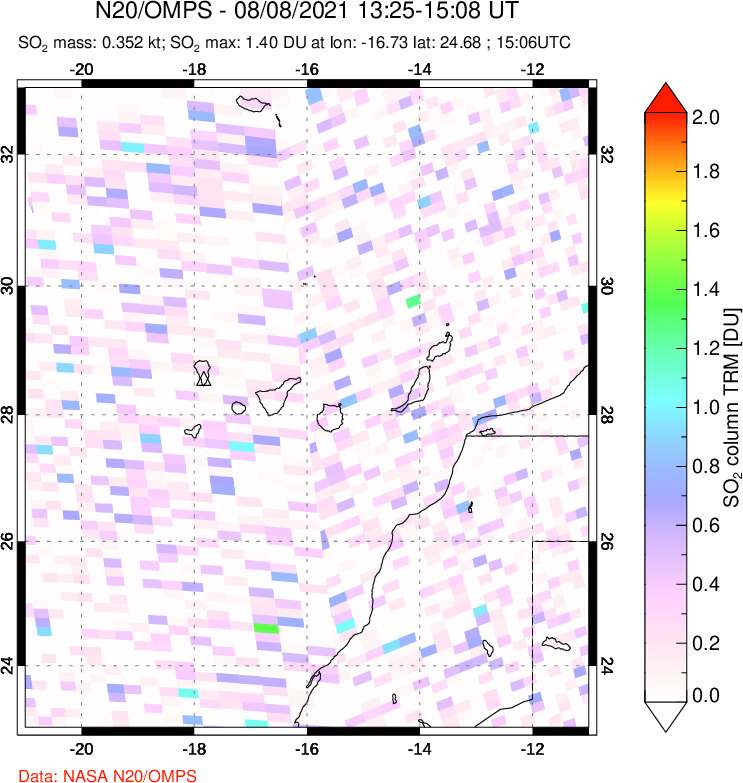 A sulfur dioxide image over Canary Islands on Aug 08, 2021.