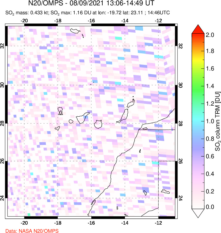 A sulfur dioxide image over Canary Islands on Aug 09, 2021.