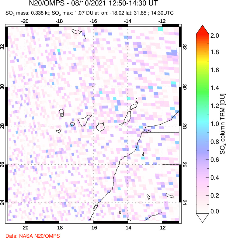 A sulfur dioxide image over Canary Islands on Aug 10, 2021.