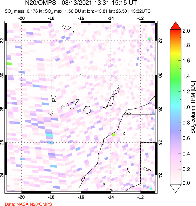 A sulfur dioxide image over Canary Islands on Aug 13, 2021.