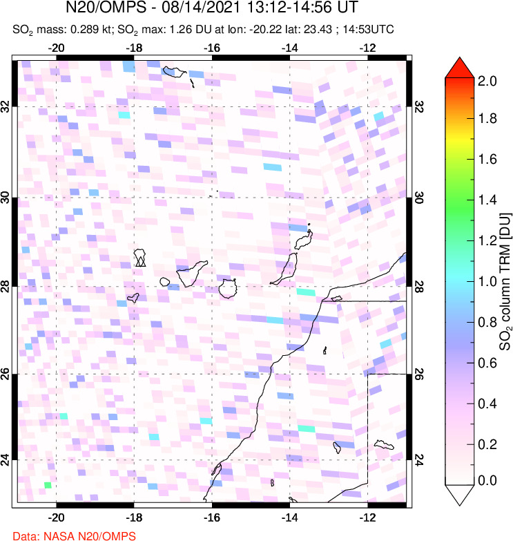 A sulfur dioxide image over Canary Islands on Aug 14, 2021.