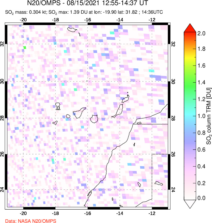 A sulfur dioxide image over Canary Islands on Aug 15, 2021.